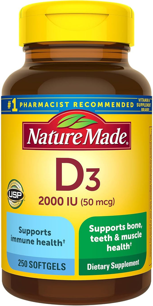 Nature Made Vitamin D3 2000 IU (50 mcg), Dietary Supplement for Bone, Teeth, Muscle and Immune Health Support, 250 Softgels, 250 Day Supply
