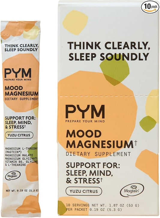 PYM Mood Magnesium Powder Packets (10-Servings) Magnesium Glycinate, L-Threonate & Malate Powder | Aid & Mood Support Supplement for Stress