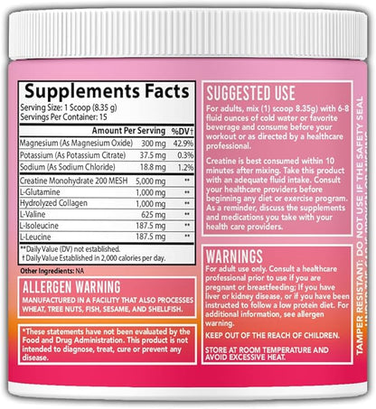 Women's Creatine Monohydrate Powder Glute Builder, 5g Vegan Creatina w. Collagen, Glutamine, BCAAs & Hydration Blend for Recovery, Energy, Pump, Muscle Support, Drink Mix, Unflavored (125g, 1-Pack)