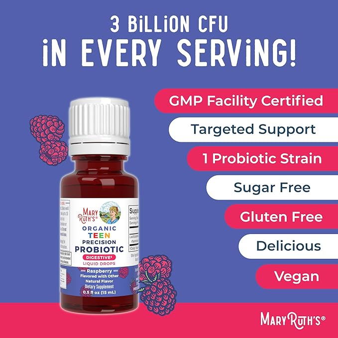MaryRuth Organics USDA Organic Liquid Probiotic Drops for Teens | Gut Health | Digestive Health | Occasional Digestive Discomfort | Overall Health and Wellness | Non GMO | Vegan | 30 Servings