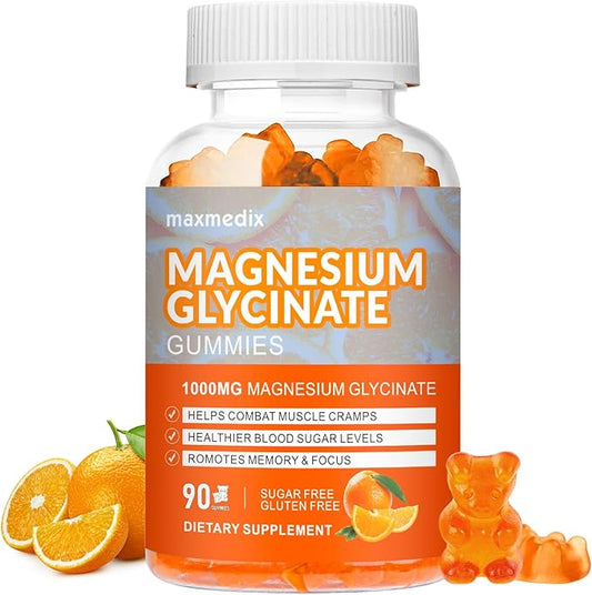 Magnesium Gummies 1000mg -Magnesium Glycinate Supplement and Magnesium L-Threonate Gummy,Sugar Free Magnesium Potassium Supplement for Calm Mood, Muscle, Bone & Sleep Support 90 Orange Gummies