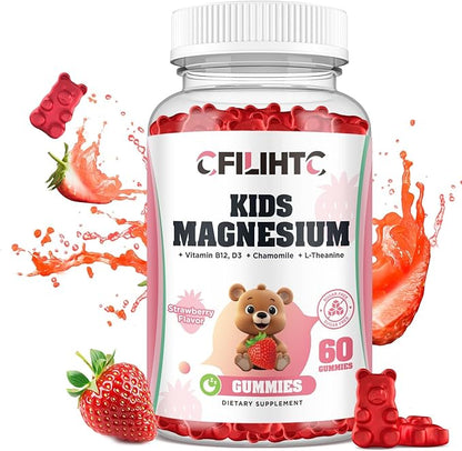 Kids Magnesium Glycinate Gummies with Calm Magnesium Citrate, L-Threonate Supplement for Kids & Adults with Zinc, Vitamin D3, B12, L-Theanine for Sleep Bone & Muscle Mood, Strawberry, 60ct