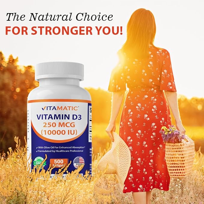 Vitamatic Vitamin D3 10000 IU (250 mcg) - 500 Softgels (Olive Oil Based), Non-GMO, Gluten Free in Cold-Pressed Mini Softgels