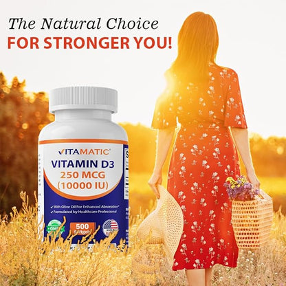 Vitamatic Vitamin D3 10000 IU (250 mcg) - 500 Softgels (Olive Oil Based), Non-GMO, Gluten Free in Cold-Pressed Mini Softgels