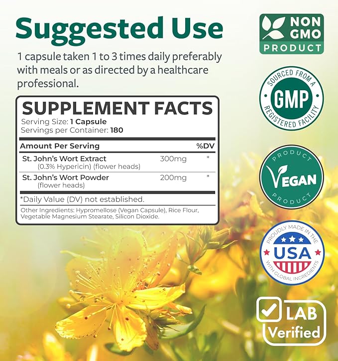 Sea Moss & St. John's Wort (2-Month Supply) Mood Moss Blend - Organic Irish Sea Moss - Raw Vegan Supplement (180 Caps) & St John's Wort with Powerful 900mcg Hypericin Vegan Non-GMO (180 Capsules)
