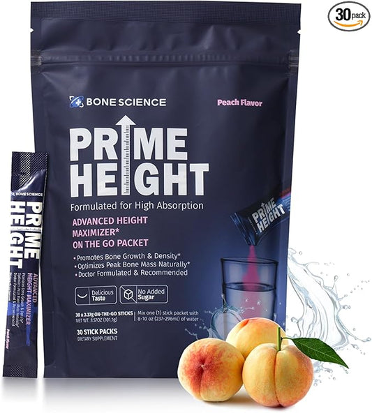 Prime Height Powder – Kids Daily Multivitamin with Calcium, Magnesium, Zinc, and Vitamins B6, B12, C, D3, E, K – 30 Sticks, Peach Flavor