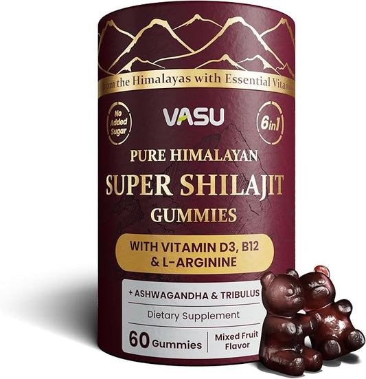 Vasu 6 in 1 Pure Himalayan Gold Shilajit Gummies for Men & Women with Vitamin D3 & B12, L-Arginine, Ashwagandha & Tribulus - Sugar Free Shilajit Resin - 60 Counts for Energy Support - Lab Tested