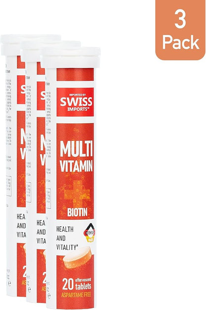 Effervescent Multivitamins + Biotin for Wellness and Vitality Dietary Supplement with Vitamins C, E, B1, B2 B6, B12, A, and D3, 3-Pack, 60 Tablets
