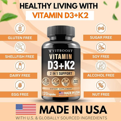 Vitamin D3 K2 Complex - Easy to Swallow - Vitamin D (D3) 5000 IU (125 mcg) & K2(MK-7) 90 mcg | Non-GMO | Gluten-Free | USA Made | 120 Capsules