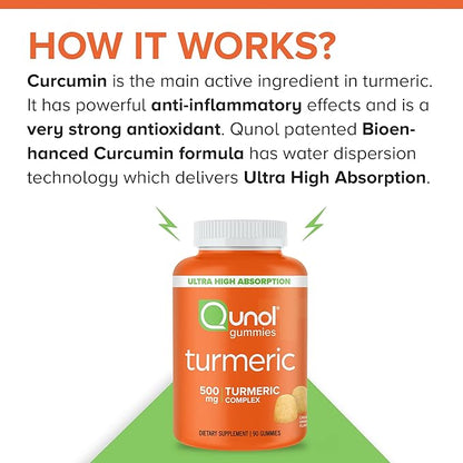 Qunol Turmeric Gummies, Gummy with 500mg Turmeric Curcumin, Joint Support Supplement, Ultra High Absorption Tumeric Curcumin, Vegan, Gluten Free, 90 Count