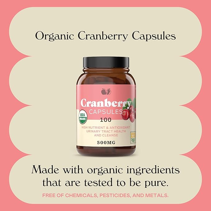 Organic Cranberry Capsules - 100 Count - 475 mg Supplement - Vegan Natural Cranberry Concentrate & Powder Pills