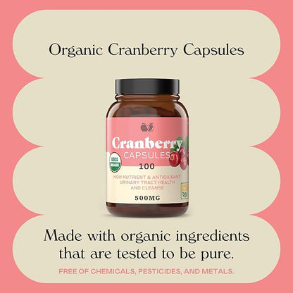 Organic Cranberry Capsules - 100 Count - 475 mg Supplement - Vegan Natural Cranberry Concentrate & Powder Pills