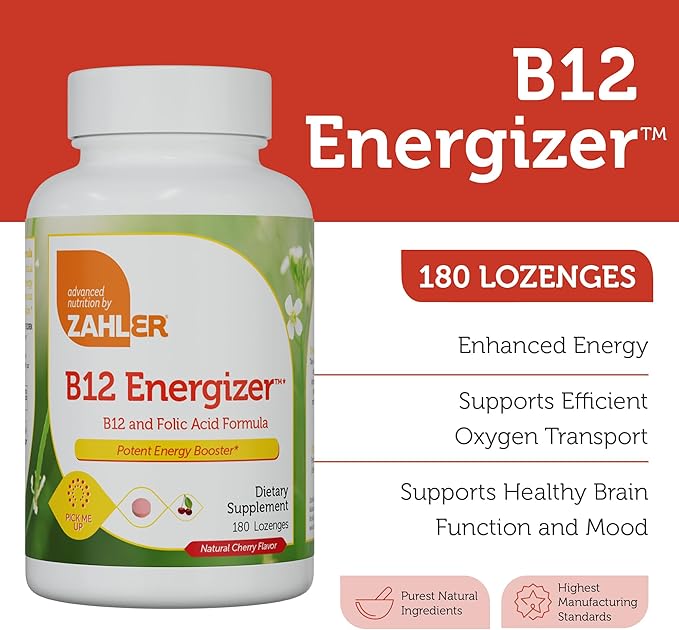 Zahler Energizer Vitamin B12-5000 mcg Vitamin B12 - Natural Cherry Flavor Dissolvable Lozenges - Kosher Gluten Free Non-GMO B12 Vitamins 5000 mcg, Energy Boost, Made in USA (180 Count)