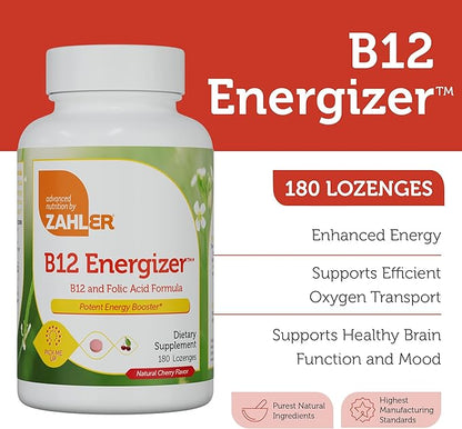 Zahler Energizer Vitamin B12-5000 mcg Vitamin B12 - Natural Cherry Flavor Dissolvable Lozenges - Kosher Gluten Free Non-GMO B12 Vitamins 5000 mcg, Energy Boost, Made in USA (180 Count)