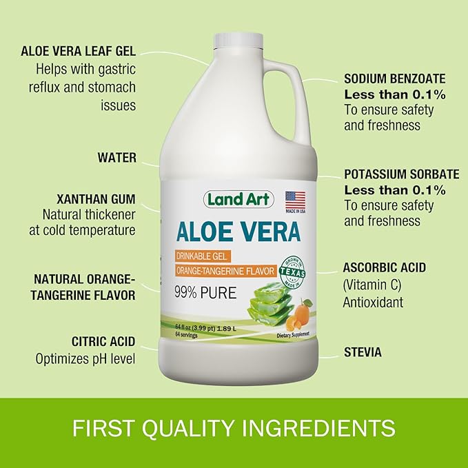Land Art Aloe Vera Drinkable Gel - Orange Tangerine Flavored - Cold-Processed - Organic Fresh Leaves - 64floz + Liquid Chlorophyll Mint Flavored - Cold Extracted from Wild Non-GMO Alfalfa - 16floz