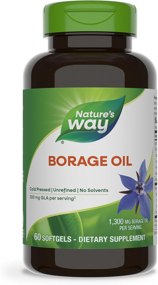Nature's Way Borage Oil, Cold Pressed & Unrefined, GLA Supplement, 300 mg GLA and 440 mg Linoleic Acid per Serving, 60 Softgels (Packaging May Vary)