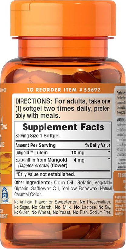 Puritan's Pride Zeaxanthin 4mg with Lutigold™ Lutein 10mg Carotenoids, Dietary Supplement for Healthy Eyes and Vision, 60 Easy-to-Swallow Rapid Release Softgels