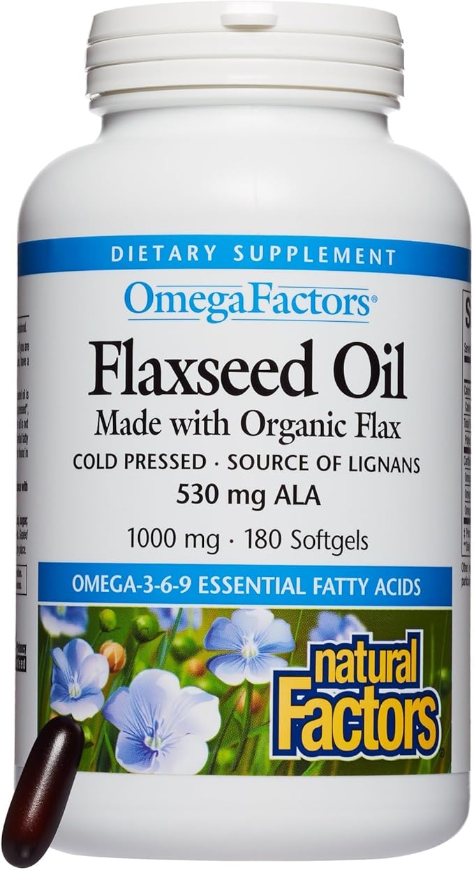 Omega Factors by Natural Factors, Flaxseed Oil, Supports Overall Health with Omega-3, 6 and 9 Fatty Acids, 180 softgels (180 servings)