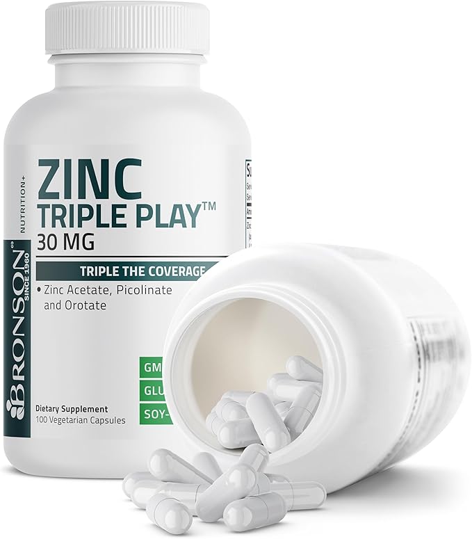Bronson Zinc Triple Play 30 mg Triple Coverage Immune Support with Zinc Acetate, Picolinate & Orotate - Immune, Antioxidant & Skin Health Support - 100 Vegetarian Capsules