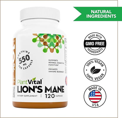 Plantvital Lions Mane Supplement - Organic Lion's Mane Mushroom Capsules 11,000mg (10:1 Extract) with 40% Polysaccharides - Immune System and Normal Brain Support Nootropic -2 Month Supply- 120 Count