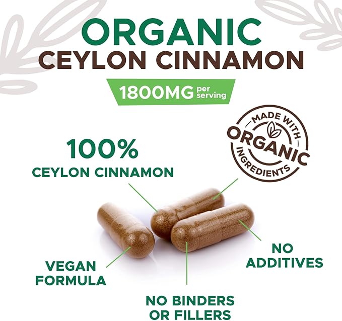 Organic Ceylon Cinnamon Capsules 1800 mg - Pure True Ceylon Cinnamon Powder Supplements, Certified Organic Herbal Supplement, Non-GMO, Gluten Free, Vegan, Antioxidant Pills Supplement - 120 Capsules