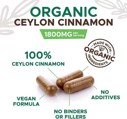 Organic Ceylon Cinnamon Capsules 1800 mg - Pure True Ceylon Cinnamon Powder Supplements, Certified Organic Herbal Supplement, Non-GMO, Gluten Free, Vegan, Antioxidant Pills Supplement - 120 Capsules