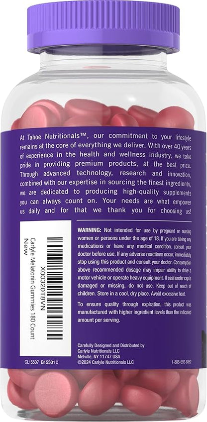 Carlyle Tahoe Nutritionals Melatonin Gummies 12mg | 180 Count | Berry Flavor | Drug Free Supplement | Vegan, Non-GMO, Gluten Free