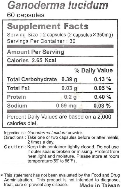 Ganoderma Lucidum (Reishi Mushroom, Ling Zhi) - 99.4% rDNA Proven - 60 Capsules per Bottle, 350mg per Capsule - Made in Taiwan