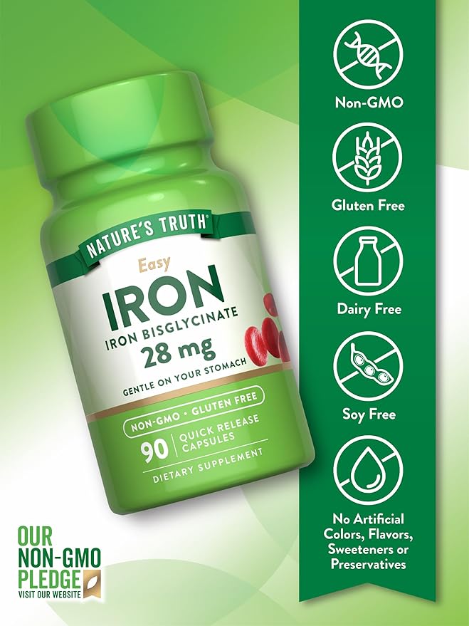 Nature's Truth Easy Iron Supplement 28 mg | 90 Capsules | Iron Bisglycinate | Non-GMO, Gluten Free