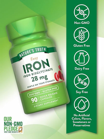 Nature's Truth Easy Iron Supplement 28 mg | 90 Capsules | Iron Bisglycinate | Non-GMO, Gluten Free