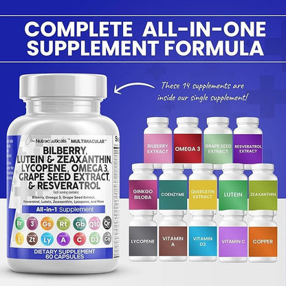 Clean Nutra Eye Vitamins with Bilberry Lutein and Zeaxanthin Supplements Lycopene 40mg Resveratrol Grape Seed Astaxanthin for Eyes - Eye Care Health Support Eye Vitamin and Mineral Supplement