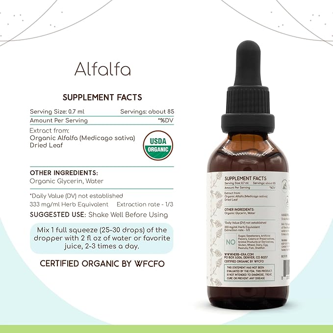 Alfalfa B60 USDA Organic Tincture | Alcohol-Free Extract, High-Potency Herbal Drops | Certified Organic Alfalfa Dried Leaf (2 oz)