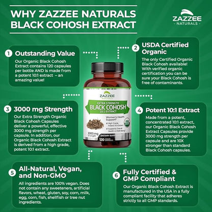 Zazzee USDA Organic Black Cohosh 10:1 Extract, 3000 mg Strength, 120 Vegan Capsules, 4 Month Supply, Standardized and Concentrated 10X Extract, 100% Vegetarian, All-Natural, Non-GMO, Made in The USA
