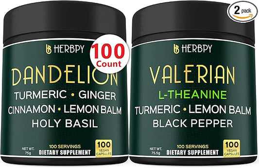 Bundle 6in1 Dandelion Supplement & 5in1 Valerian Root Supplement - Support Heart Health, Immune, Digestive, Restful Night and Relaxation