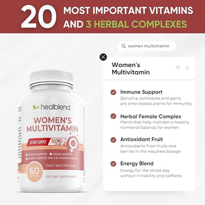 Women's Multivitamin with Biotin (Without Iron) - 20 Essential Vitamins and Minerals, Supports General Health, Energy & Immunity - 60 Capsules