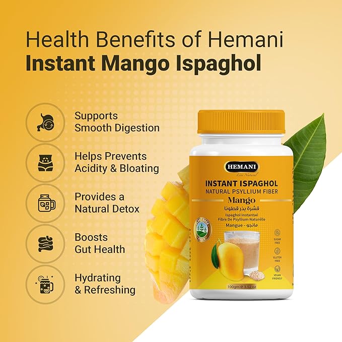 Hemani Instant Psyllium Husk Ispaghol 100g | Mango Flavored On-The-Go Fiber Supplement | Supports Digestive Health | Add to Water for a Refreshing Drink