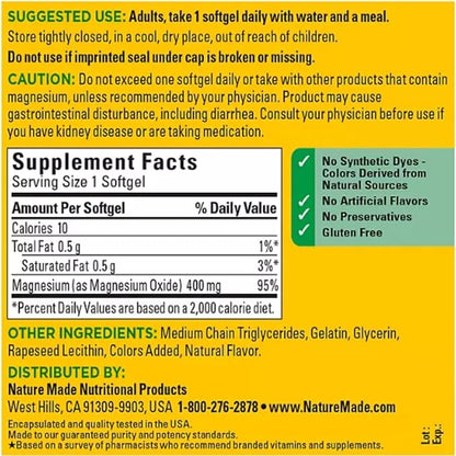 Nature Made Magnesium 400 mg Oxide Extra Strength 180 softgels, 180 Supply Days-1 Softgel Daily with Water and a Meal- Bundeled with nalkot-Suppliment Guide