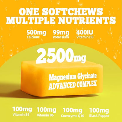 Magnesium Glycinate Soft Chews, Pineapple Flavor.Chewable Sugar Free Potassium Magnesium Chews with Magnesium Glycinate, Vitamin D, B6, and CoQ10 for Calm Support & Sleep for Adults, 60 Days Supply