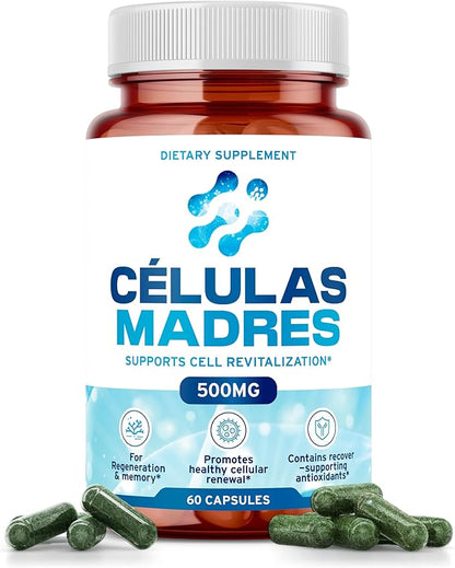 Stem Cell Supplements 500mg (60 Cap) Natural Anti-Aging & Longevity Support with Spirulina & Chlorella, Boost Cellular Renewal, Restore Youthful Energy, Reduce Joint Soreness – Celulas Madre