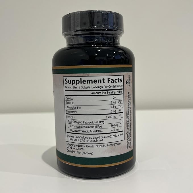 Triple Strength Omega 3 Fish Oil Supplement, EPA & DHA Fish Oil Omega 3 Essential Fatty Acids Supplement Softgels, 2400mg Brain & Heart Health Support Supplements - Gluten Free, Non-GMO, 60 Softgels