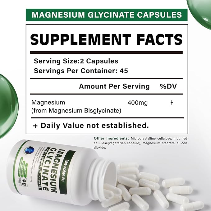 Magnesium Glycinate 400 MG per Serving 100% Chelated for High Absorption, Gentle On Stomach, Non-GMO, 90 Vegetarian Capsules