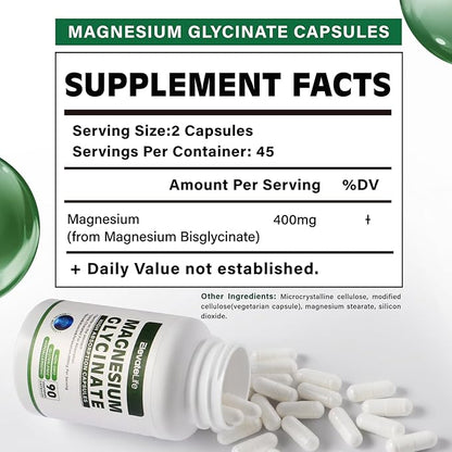 Magnesium Glycinate 400 MG per Serving 100% Chelated for High Absorption, Gentle On Stomach, Non-GMO, 90 Vegetarian Capsules