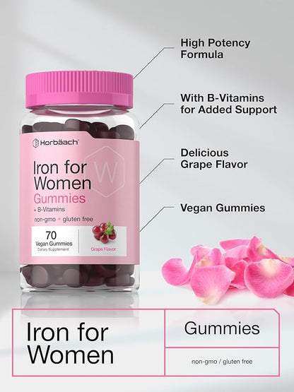 Horbäach Iron Gummies for Women | Supplement with B Vitamins | 70 Count | Grape Flavor | Vegan, Non-GMO & Gluten Free