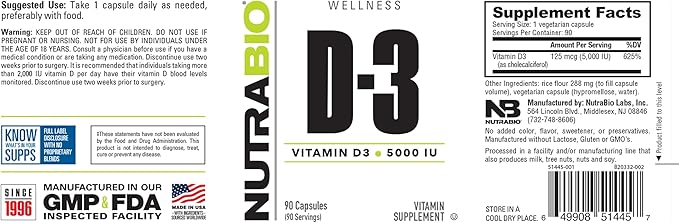NutraBio Vitamin D (5000 IU), Immune Support - 90 Vegetable Capsules