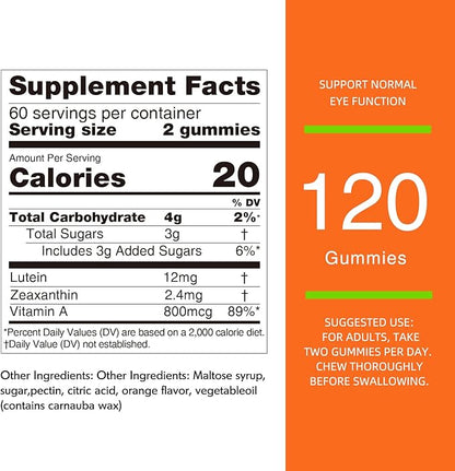 Nature's Key Lutein Gummies 12mg with Zeaxanthin & Vitamin A for Kids and Adults | Eye Health and Brain Function Supplement | Orange Flavor, 120Ct