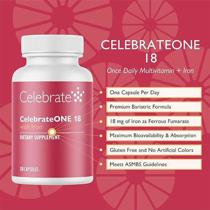 Celebrate Vitamins CelebrateONE 18, 18mg Iron - One A Day Bariatric Multivitamin, Essential Vitamins & Minerals - Gastric Bypass & Sleeve Gastrectomy Supplement (30 Capsules)