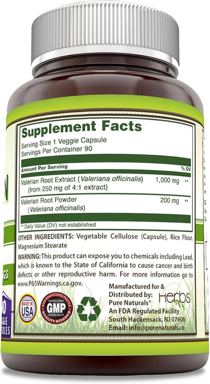 Pure Naturals Valerian Complex Supplement | 1200 Mg | 90 Veggie Capsules | Non-GMO | Gluten Free | Made in USA