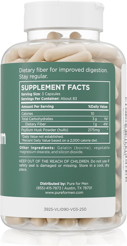 Pure for Men Daily Psyllium Husk Fiber Supplement Pure for Her | Digestive Regularity & Gut Health Support | Soluble Fiber Powder, 2,175mg Per Serving | 250 Capsules