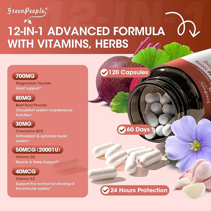 Magnesium Taurate Capsules, 12-in-1 Complex - Beet Root, CoQ10, Resveratrol for Heart Support, Immue Support, High Absorption Magnesium Taurate Complex Supplement for Men and Women, 120 Capsules