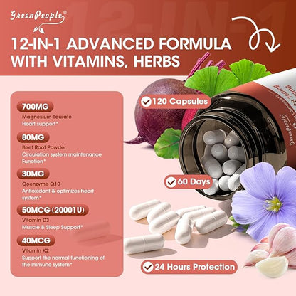 Magnesium Taurate Capsules, 12-in-1 Complex - Beet Root, CoQ10, Resveratrol for Heart Support, Immue Support, High Absorption Magnesium Taurate Complex Supplement for Men and Women, 120 Capsules